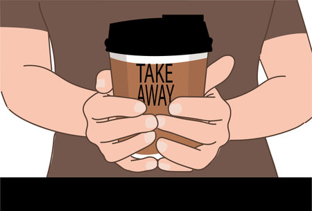 Flat lay Vector illustration of a hand holding a mug of coffee to take away.のイラスト素材