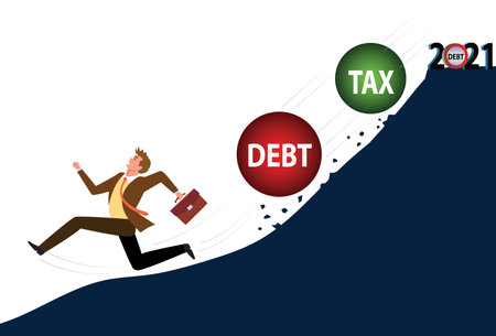 Businessman on mountain running away from big debt weight. Business man with briefcase and wrecking ball. Tax, debt, fee, crisis and bankruptcy. Vector illustration in flat style.のイラスト素材