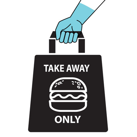 Vector Isolated Black bag ,white Burger and white Take away only. Bag Icon or Signのイラスト素材