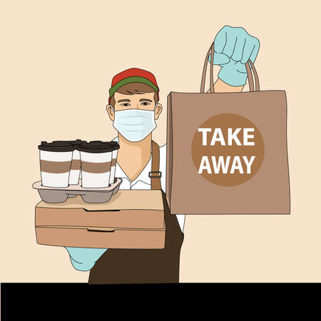 food delivery man in a protective mask and gloves holds boxes of food and gives the client, take away delivery service during the epidemic of coronavirus. business conceptのイラスト素材