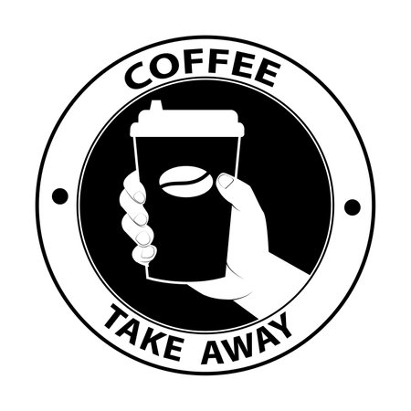 Vector illustration ,sign, symbol of a hand holding a cup of coffee with letteribg coffee  takeaway. delivery conceptのイラスト素材