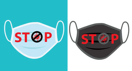 Stop text on Black and White Medical or Surgical Face Masks . Virus Protection. Breathing Respirator Mask. Healthcare Concept. Vector Illustrationのイラスト素材