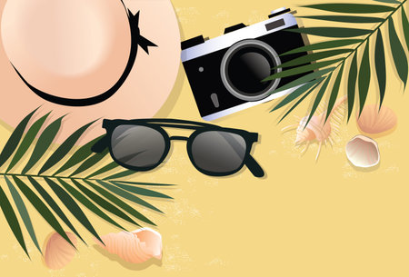 Flat lay traveler accessories on yellow background with blank space for text. Top view travel or vacation concept. Summer background.のイラスト素材