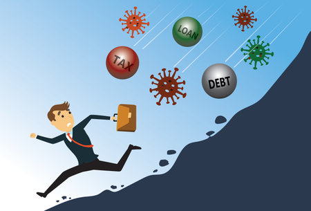 Business concept. A businessman running away from tax, loan,debt and  covid-19 crisis. vector illustrationのイラスト素材