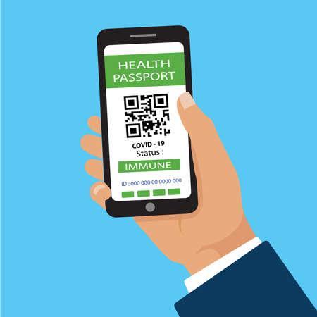 A man' hand showing a health passport on a mobile phone, which indicates a vaccination against covid-19. vector, illustrationのイラスト素材