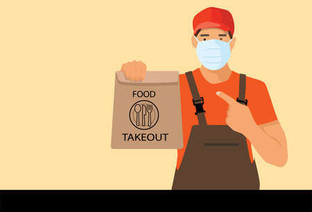 delivery man wear face mask holding take away paper bag and  pointing with hand and finger. vector, illustrationのイラスト素材