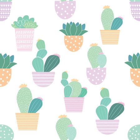 Vector hand drawn isolated cactus and succulents set pattern seamless. Cute green cactus in flower pots.のイラスト素材
