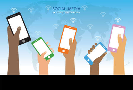 Social network concept. hands with smartphones of many colors. vector, illustrationのイラスト素材