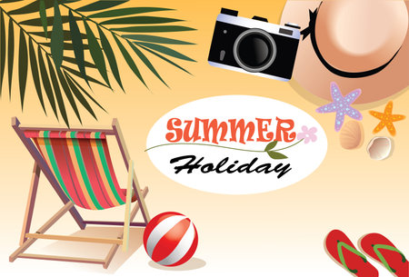 Vector illustration flat style summer holiday background. Good sunny day. Deck chair and beach...
