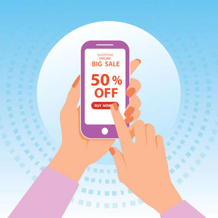 Shopping online big sale 50% off. Women's hands are holding the phone and pressing the buy now button. Flat vector illustrationのイラスト素材