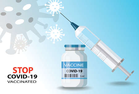 Bottle and syringe with blue vaccine injection from covid-19 virus isolated.Time to vaccinate.Stop pandemic coronavirus COVID-19.Healthcare.Antiviral medical concept for web design. vector illustrationのイラスト素材