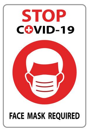 Stop COVID-19 face mask required warning prevention sign - human profile silhouette with face mask in rounded rectangular frame - isolated vector information picture. icon sign, symbolのイラスト素材