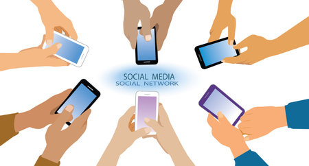 Group of friends having fun together with smartphones - Vector Flat style of hands social networking with mobile cellphones - Wifi connected people in bar Technology and phone addiction concept - illustrationのイラスト素材