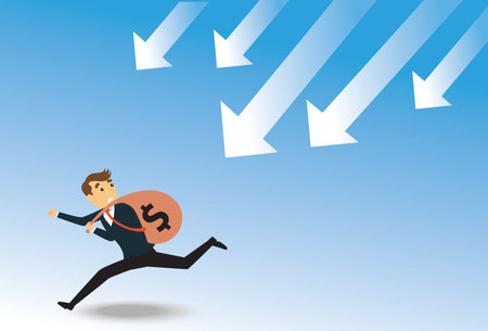 businessman run away from the arrow pointing down. Business failure on coronavirus economy crisis . recession. Financial failure. Economic downturn. Concept of web page design for website and banner. vectorのイラスト素材