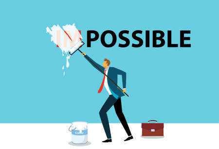 A businessman painting change impossible to possible text on wall background. Business, success, challenge, motivation, achievement and possible concept..vectorのイラスト素材
