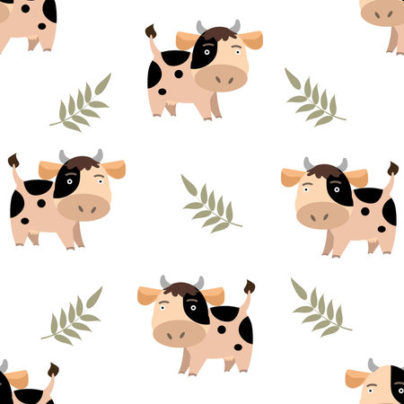Doodle cartoon cows seamless pattern. Vector background. illustrationのイラスト素材