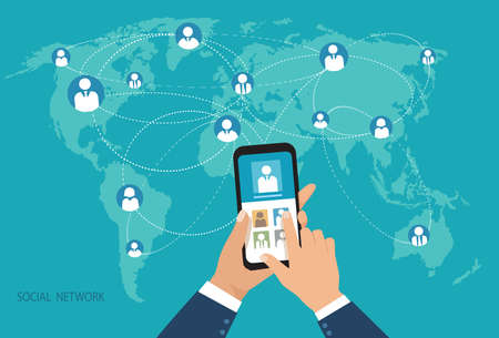 Social media network concept with human hand with mobile phone on background, people connecting all over the world. vector illustrationのイラスト素材