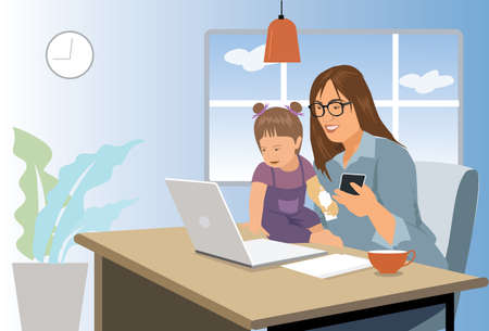 working from home concept. Stay at home mom working remotely on laptop while taking care of her baby. Young mother on maternity leave trying to freelance by the desk with toddler child. vector,illustrationのイラスト素材