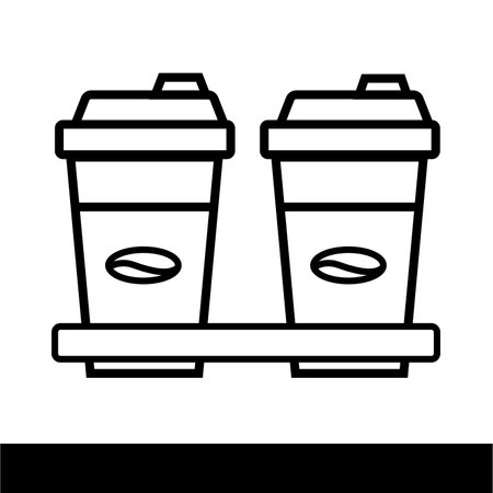 Two coffee plastic cups on a platter tray outline and thin line icon isolated on white background. Vector, iconのイラスト素材