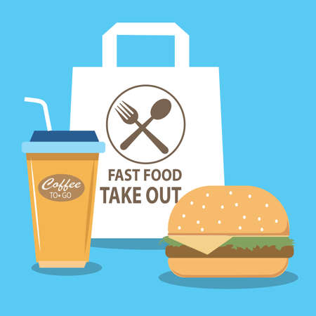 Takout fast food. food and coffee to go delivery. flat vector illustrationのイラスト素材