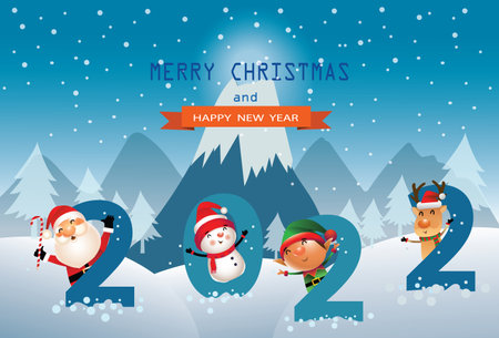 Christmas and New Year concept. Santa claus, Snow man, elf and Reindeer with 2022 lettering on shiny Xmas background with winter landscape with snowflakes. Merry Christmas card. Vector Illustrationのイラスト素材