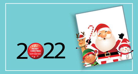 Merry Christmas and happy new year 2022 greeting card with cute Santa Claus, little elf, snowman and deer. Holiday cartoon character in winter season. Vector, illustrationのイラスト素材
