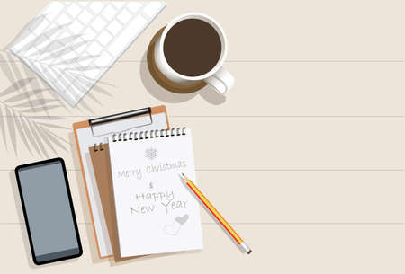 Christmas and new year office work space with laptop, note book, smartphone, cup of coffee and other supplies.work space concepton white wood desk, flatlay top view with copy space.のイラスト素材
