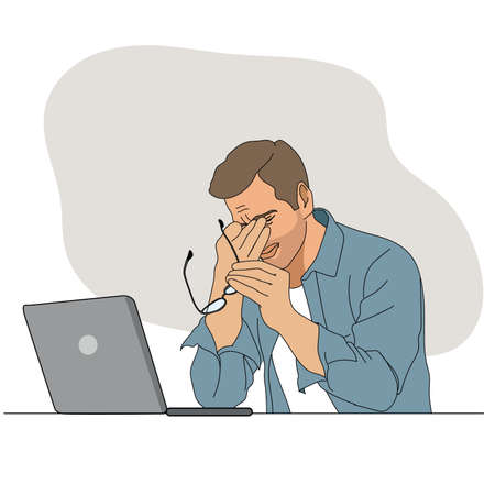 Feeling exhausted. Frustrated a man massaging his nose and keeping eyes closed while sitting at his working place in office. vector,illustrationのイラスト素材