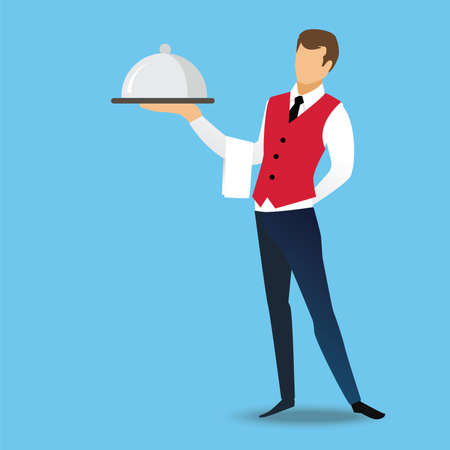 Waiter man holding a silver tray with catering dome on a blue background. vector, illustrationのイラスト素材
