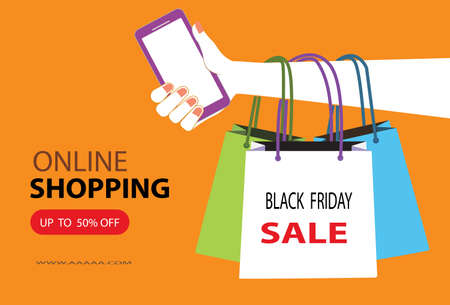Online shopping sale. Black friday. Women hand holding shopping bags. Vector, illustrationのイラスト素材