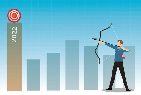 Businessman shooting arrow bow to target on graph with successful business  in 2022 year.vector,...