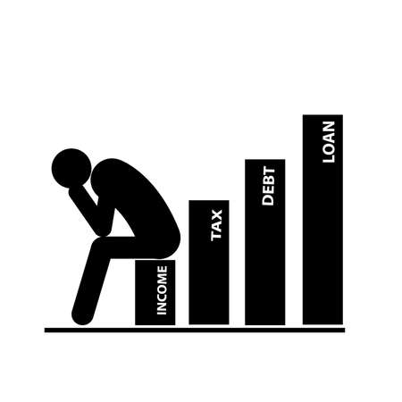 Icon vector of Frustrated businessman sitting on a graph with tax,debt and loan, unsuccessful character vector Illustrationのイラスト素材