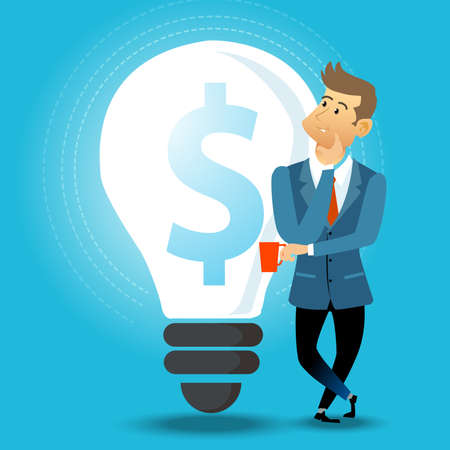 Creativity. Thinking manager standing iwith the light bulb. Business concept vector illustration.のイラスト素材