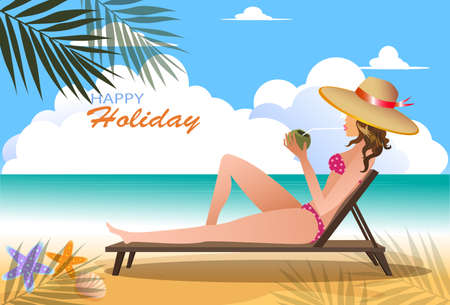 Young woman relaxing on private beach on paradise island, luxurious holidays, tourist with coconut drinks sitting near the sea. vector, illustrationのイラスト素材