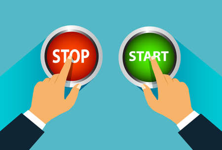The person presses the finger on the stop and start button on blue background . Vector illustration flat design.のイラスト素材