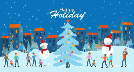 Flat minimalistic vector illustration with Happy Holidays lettering - Christmas greeting cards, banners, posters with people in seasonal festival markets and fairs on city square. vectorのイラスト素材