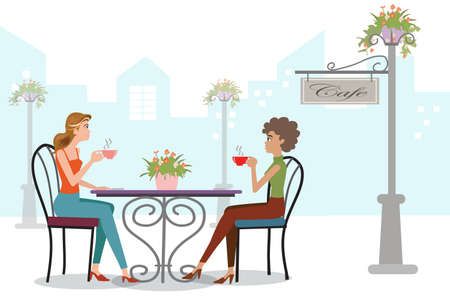 Happy girls drinking tea communicating sitting on chairs at table at cafe. Cheerful female characters in cafeteria drinking hot coffee. vector, illustrationのイラスト素材