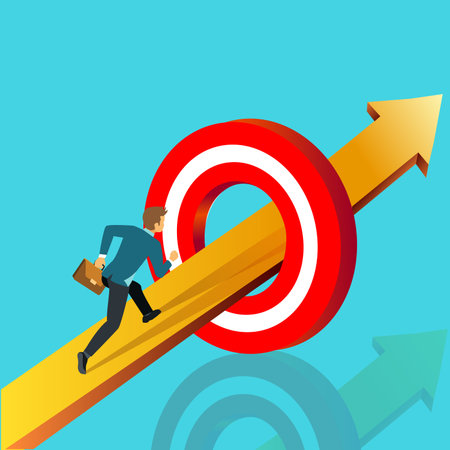 Super businessman running and archery target breaking successful. Business superhero running on...