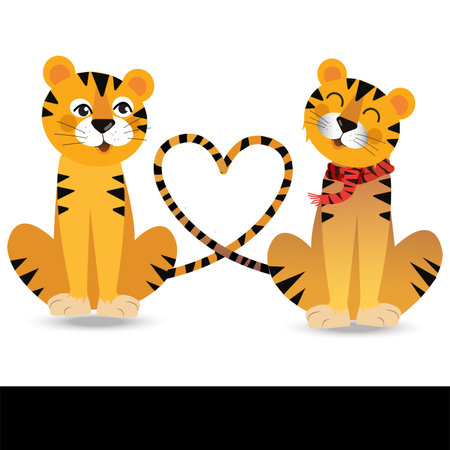 The tiger makes a heart shaped tail with a couple. valentine's day concept. vector,illustration