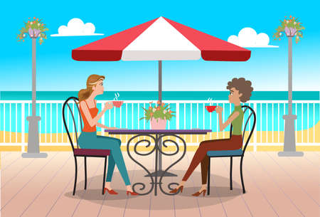 Couple attraktive girl having a drinking coffee in retro beach cafe and enjoying summertime . relaxation concept. vector, illustrationのイラスト素材