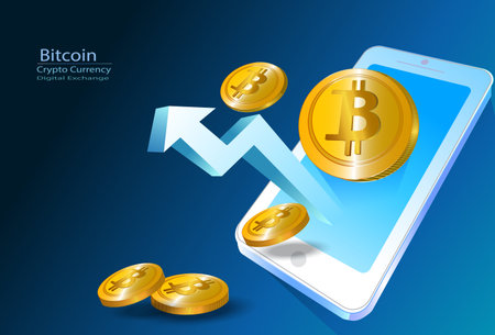 Bitcoin Crypto, Cripto currency on Mobile.Bitcoin currency. Crypto coin with growth graph....