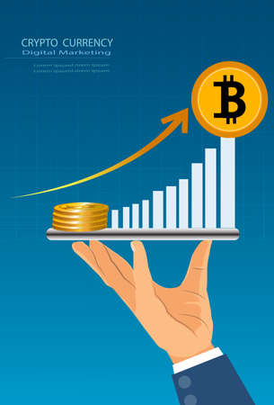 Hand holding a mobile tablet with graph of bitcoin for crypto currency mining, verification, verification and cryptocurrency exchange.vector, illustrationのイラスト素材