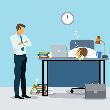 Businessman overworked  sleeping front of computer on desk with paper document folder stack at workplace. Tired office worker, company employee, exhausted businessman take nap. Fatigue and work, illustrationのイラスト素材