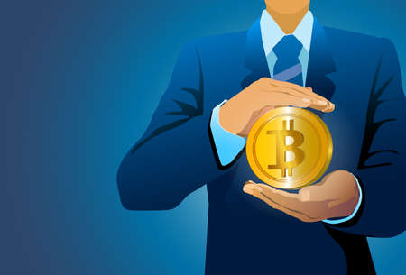 Businessman holding abstract glowing bitcoin sign on blue background. Online banking and web concept. vector, illustrationのイラスト素材
