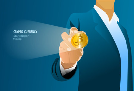 Golden Bitcoin in a man hand, Start bit coin mining. Digitall symbol of a new virtual currency. vector, illustrationのイラスト素材
