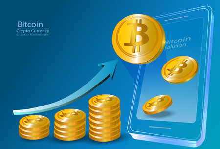 Bitcoin Crypto, Cripto currency on Mobile.Bitcoin currency. Crypto coin with growth graph. International stock exchange. Bitcoin uptrend. vector, illustrationのイラスト素材