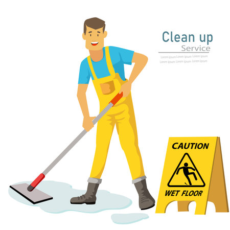 Clean up service concept. A man worker of cleaning service is holding a mop with caution wet floor sign. Vector illustration in a flat styleのイラスト素材