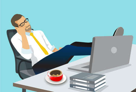 Tired, overworked businessman sleeping over laptop in his office work desk.のイラスト素材