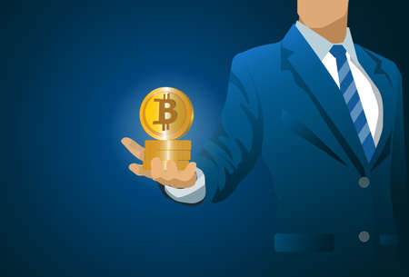 Businessman  holding bitcoins cryptocurrency for invest in bitcoin. Digital marketing and financial success concept. vector, illustration.のイラスト素材
