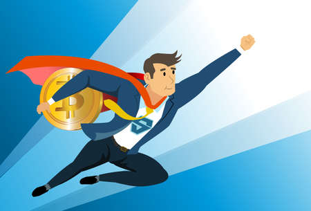Bitcoin trader superhero. Flying super hero businessman holding bitcoin. Crypto currency success concept. Vector illustrationのイラスト素材